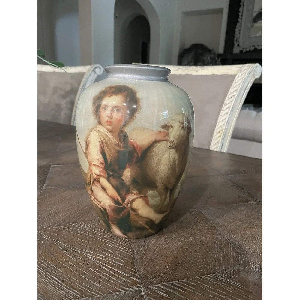 Vintage Decopauge French Style Shepherd Boy & Sheep Urn Vase 8.5